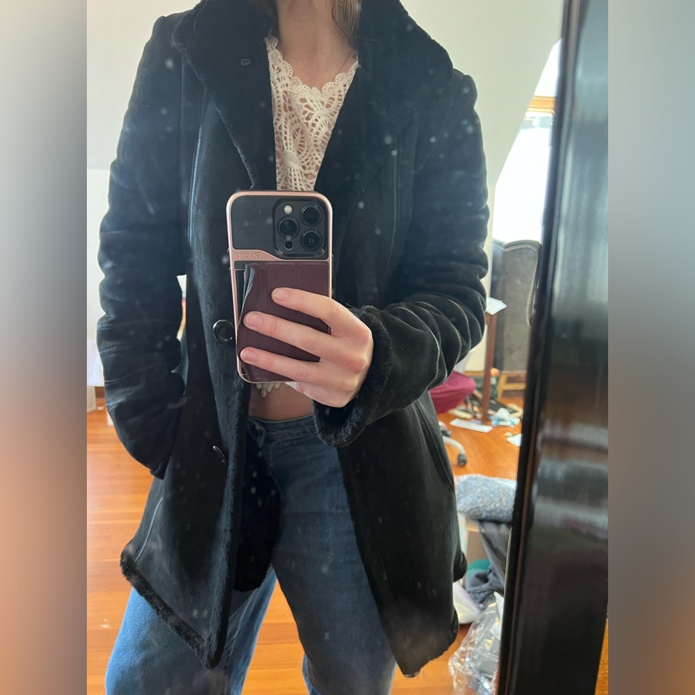 Genuine shearling leather coat, Black, by Searle. Fits size small.